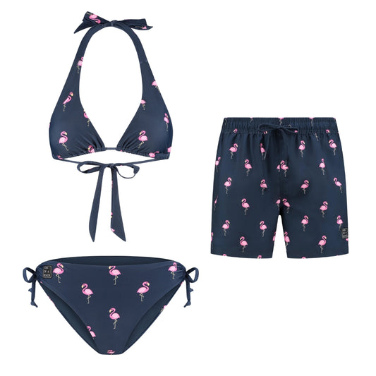 Flamingo, Blauw, Moeder en zoon bikini/zwembroek