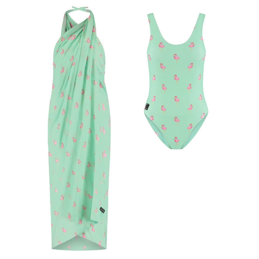 Flamingo, Groen, Dames Badpak/omslagdoek