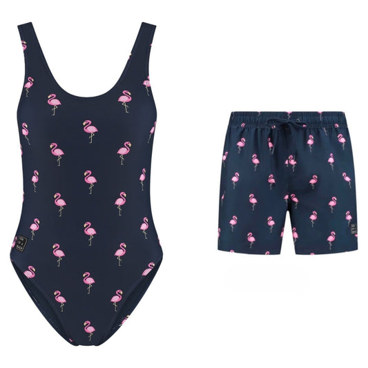 Flamingo, Blauw, Moeder en zoon badpak/zwembroek